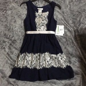 Navy Blue Dress with White Lace Trim